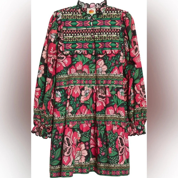 Farm Rio Dress Mini Floral Black Flower Garden Cotton Pink Swing Resort spring - Picture 7 of 9